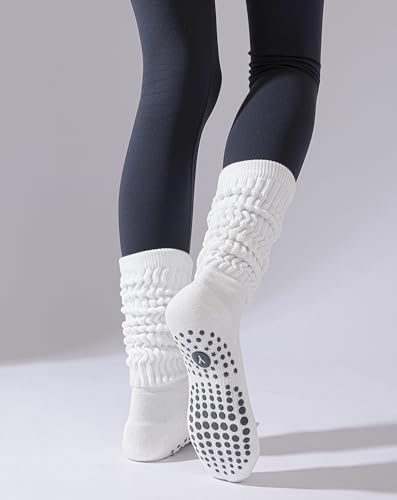 Image of Yawlsow Pilates Socks with Grips for Women Yoga Ruffle Grippy Non Slip Long Slouchy Scrunch Socks for Barre Workout Hospital