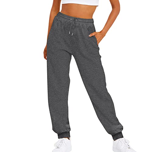 Pantalon de jogging décontracté uni pour femme avec cordon de serrage, taille élastique et molleton, gris foncé, S