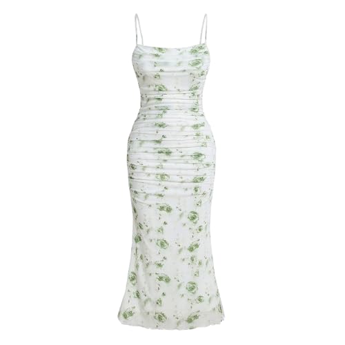 Image of Women's Floral Ruched Bodycon Midi Dress Sleeveless Mesh Fishtail Slip Dresses