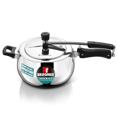 Image of Bergner Shouraya Triply Stainless Steel 5 Litres Inner Lid Pressure Cooker, Belly Shape, Faster and Even Heat Distribution, Healthy Cooking, ISI-Certified - Induction and Gas Stove Ready