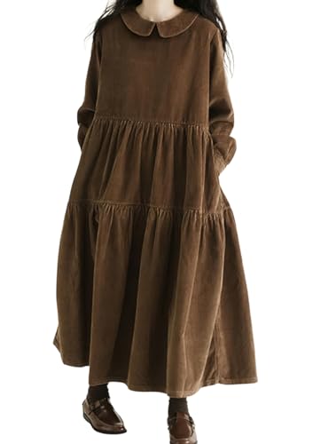 Damen Herbst/Winter Mode Langarm Vintage Cord Dolly Kleid Mädchen A-Linie Tiered Maxi Kleid mit Taschen für Schule Outfits (Braun,XXL)