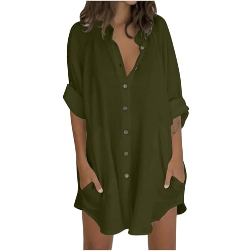 Vestido Camisero Mujer, Ropa De Mujer Verano Vestido Largo Casual Vestidos De Verano Manga Corta Color Liso para Elegante Vestidos Tipo Blusa Abotonada Túnica Fluido Estilo Swing Casual Corte A Tipo