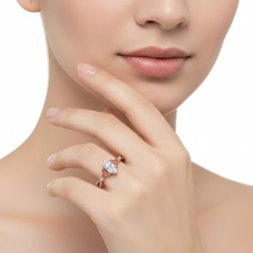Image of 55Carat Choose Your Gemstone 14k Rose Gold Plated Marquise Shape Petite Engagement Ring Everyday Wedding Jewelry Handmade Gifts for Wife Celtic Knot Split Diamond CZ Birthstone Ring : US Size 4 to 12