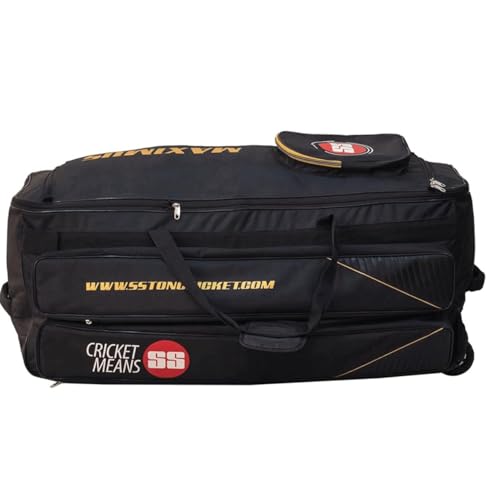Image of SS Players Cricket Kit Bag with Wheels Black - Extra Large Trolley Kitbag for Full Gear, Bat Sleeve,