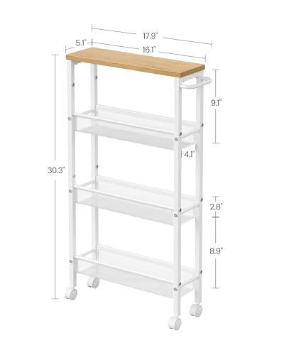Image of VASAGLE Slim Rolling Cart, 4-Tier Storage Cart, Narrow Cart with Handle, 5.1 Inches Deep, Metal Frame, for Kitchen, Dining Room, Living Room, Home Office, Oak Beige and Classic White ULRC032W09