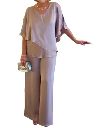 Chiffon Two Piece Mother of The Bride Suit Women's Grace Formal Pants Suit Batwing Sleeves Ruffle Wedding Guest Outfits