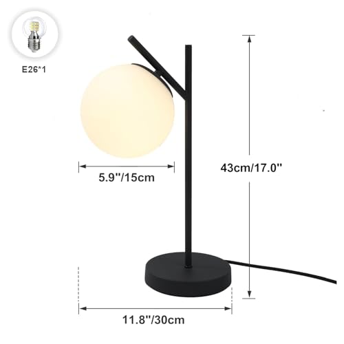 Image of Mid Century Modern Table Lamp Contemporary White Glass Globe Table Lamp Vintage Nordic Desk Lamp Metal Nightstand Lamp for Office Study Room Bedroom(H19.2)