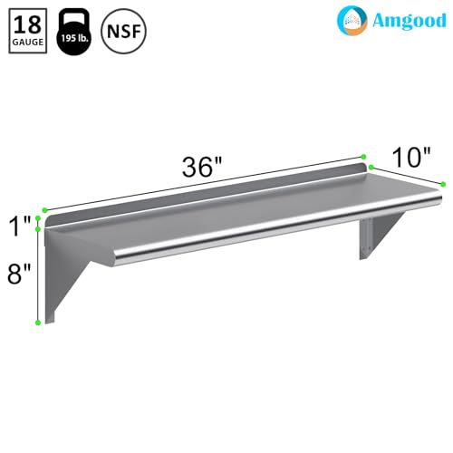 Image of AmGood 10 in. x 36 in. Stainless Steel Wall Shelf | NSF | Metal Shelving | Garage, Laundry, Storage, Utility Room | Restaurant, Commercial Kitchen
