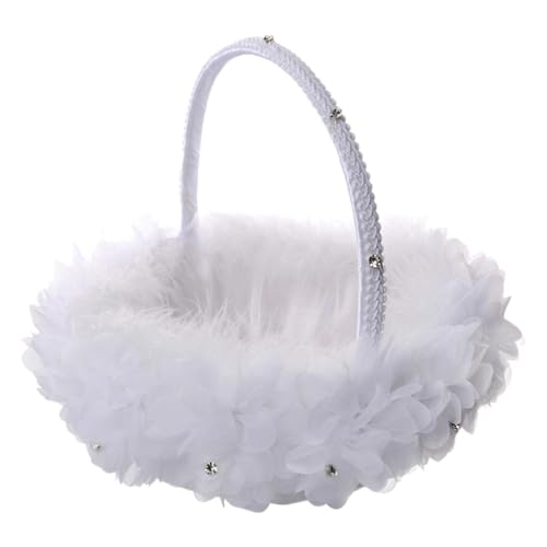 Amagogo Rustic Flower Girl Basket Lace Decoration Satin Wedding Basket for Events Anniversary Garden Home, White