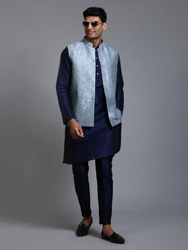 Image of VM Men's Grey And Cream Silk Blend Jacket, Kurta and Pyjama Set