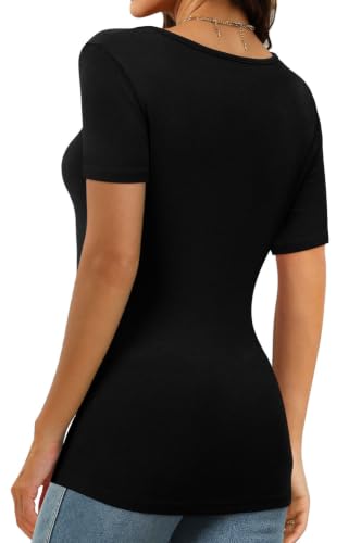 Image of XIEERDUO Womens Square Neck Short /Long SleeveTops 2024 Spring Summer Slim Fit Tees Shirts