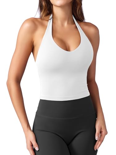 YEOREO Women's Halter Crop Top V Neck Workout Going Out Tank Top Hazel Padded Sleeveless Backless Trendy Summer Camisole White Medium