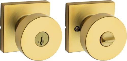 Image of Kwikset Pismo Entry Door Knob with Lock and Key, Secure Keyed Handle Exterior Doorknob, Front Entrance and Bedroom, Satin Brass, Square, Pick Resistant SmartKey Rekey Security, Microban Protection