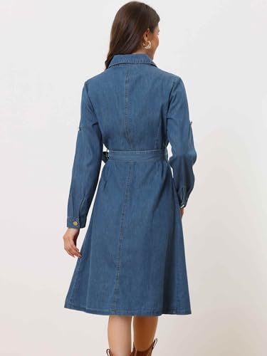 Allegra K Denim Dress for Women's Long Sleeve Button Down A-Line Belted Classic Jean Dresses3