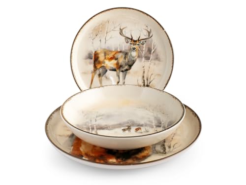 H&H, Servizio tavola 18 pezzi Hood River, set tavola natalizio, decoro cervi, in stoneware, lavabile in lavastovigle