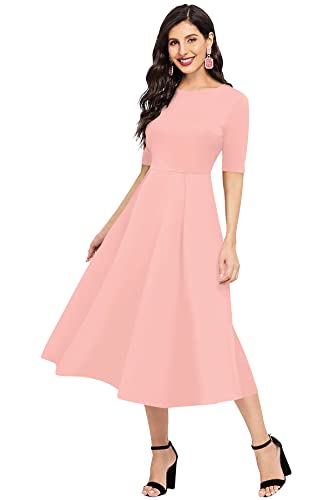 Image of LONDON BELLY Women's Poly Cotton Midi Dress with Round Neck 3 /4 Sleeves Solid Pattern Regular Fit and Calf Length | Women Midi Dress | Casual Party Summer for Womans