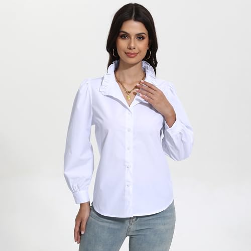 SUNNOW Women's White Button Down Shirt Ruffle Stand Collar Long Sleeve Blouse Business Casual Top2