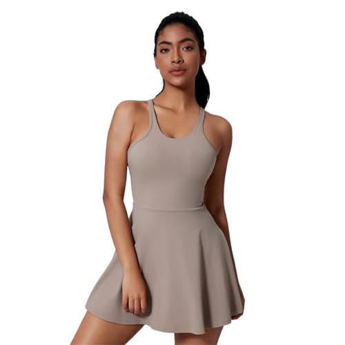 Tennis Dress Sexy Sleeveless Backless Mini Dress with Shorts Women One Piece Sportswear Gym Set Elastic Tennis Sport Fitness Clothes(Light Brown,XL)