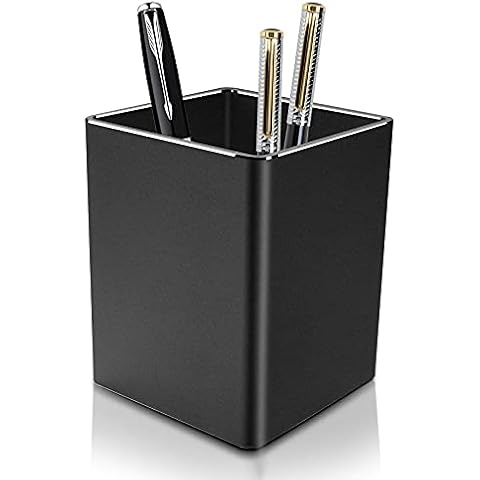 Vaydeer Metal Pen Holder Aluminum Pen Pot, Square Pencil Holder Pot, Desktop Stationery Holder Cup for Desk, Office/School Pen Storage Organizer with Metallic Finish to Keep Desk Tidy- Black Cover