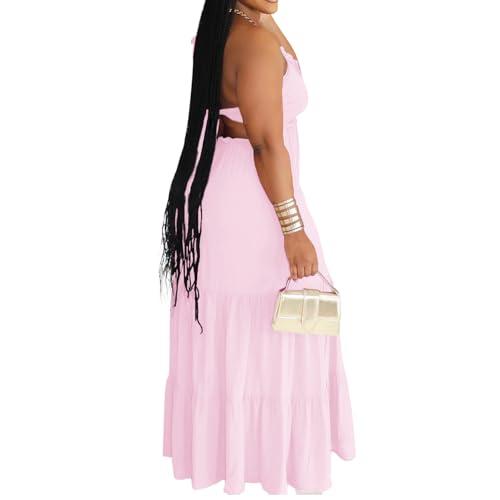 Image of TOPSRANI Womens Sleeveless Maxi Dress Halter Casual Backless Smocked Tiered Ruffle Flowy Sexy Slip Sling Strap Dresses