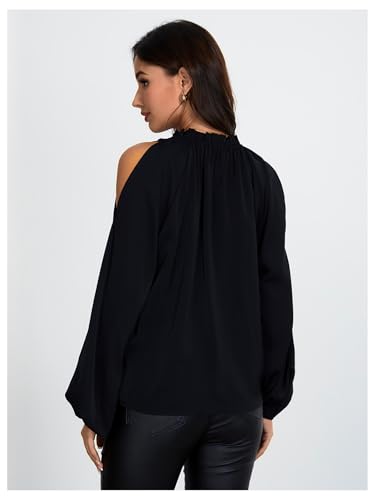 Verdusa Women's Long Sleeve Blouse Cold Shoulder Crew Neck Pleated Casual Shirts