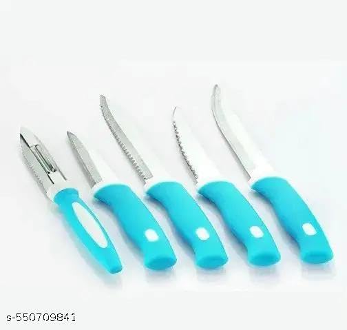 Image of Kitchen Knife Set with Stands. Stand with 4 Knife Set & 1 Peeler Women's 1st Choice ABS Plastic Stand with 4 Knife & 1 Peeler Kitchen Tool Set (Knife, Peeler)(Blue Stand + Knife) /13 KP2633