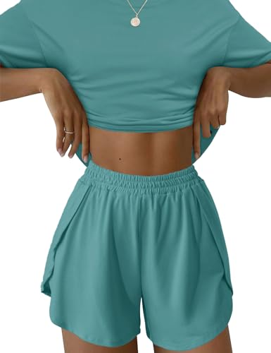 Kistore Womens Short Sets Summer Two Piece Cute Short Sleeve Top and Shorts Ladies Pajamas Sleepwear Sets Dark Green 2X-Large