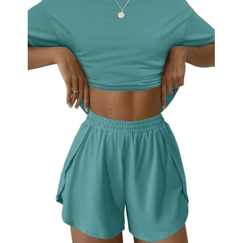 Kistore Summer 2 Piece Pajamas Sets Short Sleeve Sleepwear Pjs Lounge Split Short Sets B-dark Green Small