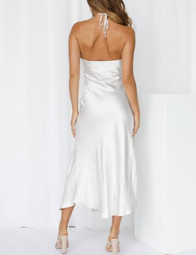 Image of VUBIYA Women's Summer Satin Strapless Slit Halter Midi Dress Wedding Guest
