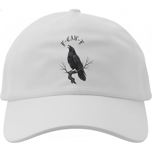 White Raven Baseball Cap, Unisex Adjustable Dad Hat Featuring Black Crow Perched on Branch with E-CAW-F Text Graphic Design, Nature Inspired Bird Lover Headwear