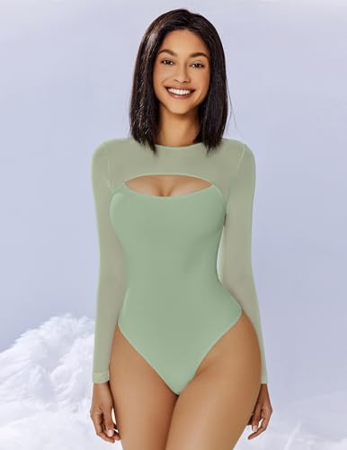 Image of Avidlove Bodysuits for Women Round Neck Long Sleeve Mesh Bodysuit