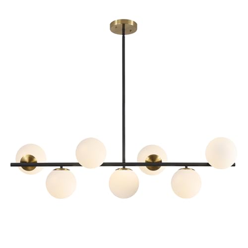 Image of KCO 43.3 inch Black Gold Linear Glass Globe Sputnik Chandelier for Dining Room | 7-light milk glass globe, mid century modern Linear Pendant, sloped ceiling compatible, for Kitchen island,living room, study
