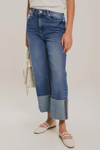 Lesore Womens High Waist Wash Denim Wide Leg Straight Leg Jeans Pants with Cuffed Hem2