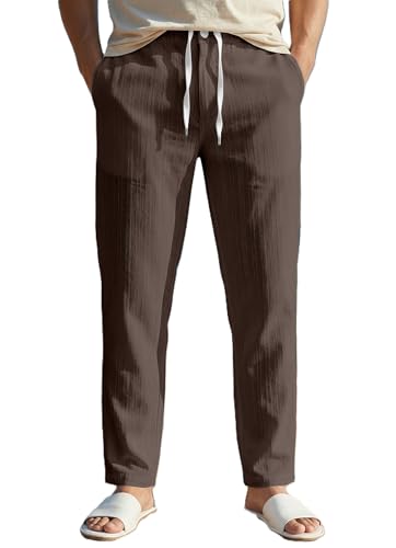 Image of Men's Linen Drawstring Pants, Casual Beach Trousers, Lightweight Breathable