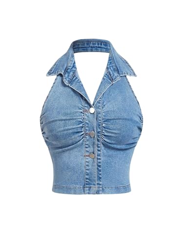 WDIRARA Women's Plus Size Button Up Denim Halter Top Ruched Sleeveless Backless Jean Tank Tops