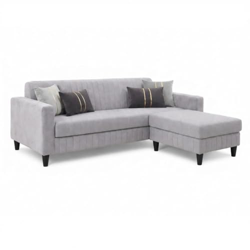 Image of Avrel 3 Seater Velvet Fabric Sofa Set with 1 Ottoman (Light Gray) | Soft Touch Fabric | Plush Cushions | Comfortable Living Room Seating | Stylish Living Room Sofa