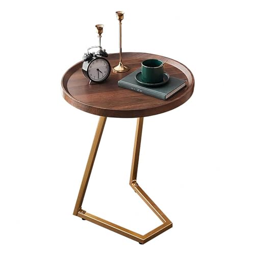 DECORN Side Table C Shaped, Round Sofa End Table, Coffee Snack Table Bedside Table for Small Space, Living Room, Bedroom, Wood Look Accent Furniture with Metal Frame,Walnut+Gold-40x40x60cm