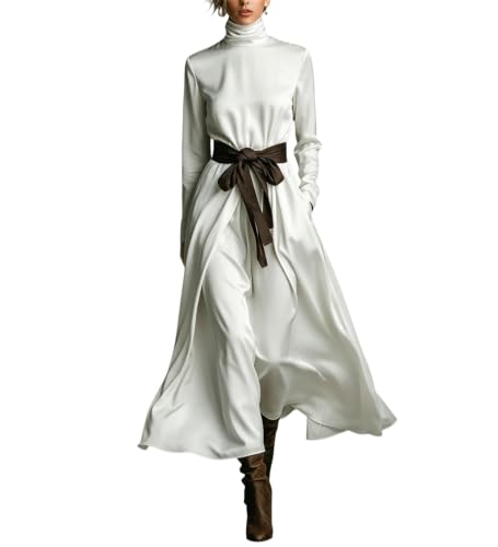 Robe-chemise femme longue plissée trapèze chic à ceinture