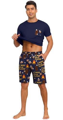Image of PrinStory Mens Summer Pajamas Set Lightweight Pjs Sets Short Sleeve Pajama Shorts Set Soft Sleepwear Loungewear with Pockets