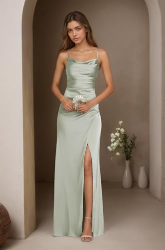 Women's Cowl Neck Satin Bridesmaid Dresses for Wedding Mermaid Spaghetti Straps Long Formal Prom Gown with Slit4