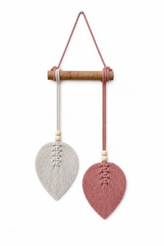 Image of AdFashionble Boho Macrame Wall Hanging Leaf Decor for Home, Living Room & Bedroom | Cotton Thread Art with Wooden Rod | Minimalist Handmade Wall Decoration | Aesthetic Nordic Wall Art for Home, Office & Gift Purpose Lenght- 58 cm Width- 15 cm (DUSTYPINK & OFFWHITE)