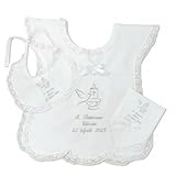 Generico Set 3 Pezzi per Battesimo Camicia Veste, Fazzoletto e bavetta Battesimo Bambina Personalizzato con Ricamo Nome e Data 100% Cotone Made in Italy (Bambina, Argento)