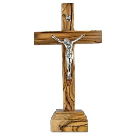 Confirmation Large Crucifix Stand OR Hanging Crucifix Wall Cross - Certified Olive Wood Jesus Cross from Holy Land - Tabletop Jesus Crucifixion Cross for Desk, Crucifijo Católico Cruz Cover