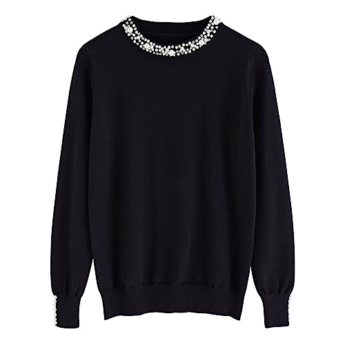 Image of CHICWISH Women's Caramel /Black /Navy /Dusty Blue /Cream /White Pearl Trimmed Soft Knit Top