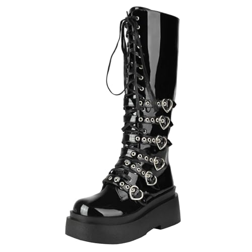 Image of Parisuit Women's Knee High Goth Platform Boots Lace Up Combat Boots | Chunky High Heel, Buckle Boots, Punk Chain Boots