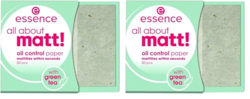Essence all about opaco! Oil control paper, carta opacizzante, carta cipria, trasparente, assorbente, opaca, priva di nanoparticelle, senza profumo, senza olio (50 pezzi) (Confezione da 2)