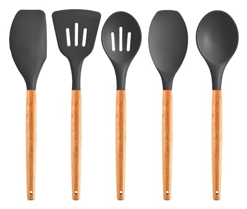 Image of Baskety Kitchen Utensil Set of 5 PCS Non Stick Silicone Cooking Utensils with Wood Handles Cookware Spatula Spoon Set BPA Free Best Kitchen Tool Set Gift-Heat Resistant Tools.