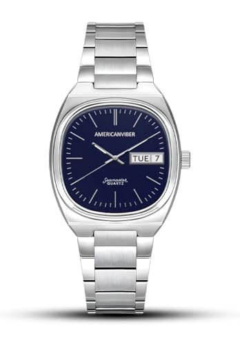 Image of AMERICANVIBER Men's Stainless Steel Classic Analog Watch, Casual & Business, with Cushion Case Dial and Day-Date Display