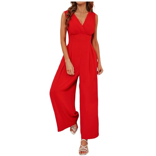 KBOPLEMQ Mono para mujer, elegante, cuello en V, para boda, dama de honor, fiesta, traje de pantalón, traje de pantalón, informal, ajustado, mono largo a la moda, cómodo, mono de negocios, O rojo., XL
