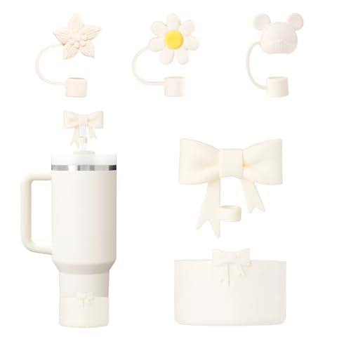 Stanley Tumbler Accessories Set Including 4 Pcs Siliocne Straw Covers Toppers Caps for 10mm/0.4 in Straws,1 Pcs Siliocne Boot for Stanleys Cup 40oz 30oz 20oz- Cream